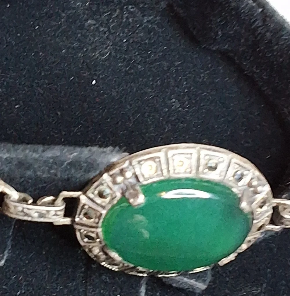 Vintage Art Deco Sterling Marcasite Green Chalcedony Bracelet Oval Cabochon - Picture 3 of 8